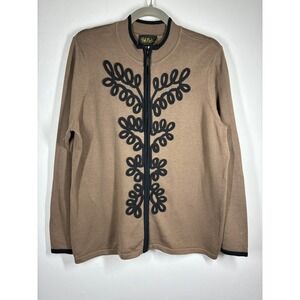 Bob‎ Mackie Wearable Art Women's Brown Zip Up Cardigan Sweater Large Soutache